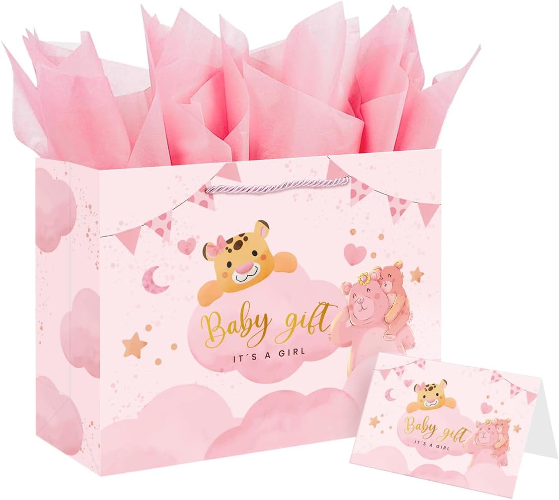 Ssyuysto Large Gift Bag Birth Girl 33 cm Wide Pink Baby Girl Gift Bag with Tissue Paper Greeting Card for Baby Shower Birthday Baby Shower Christening Gender Reveal Cute Animals