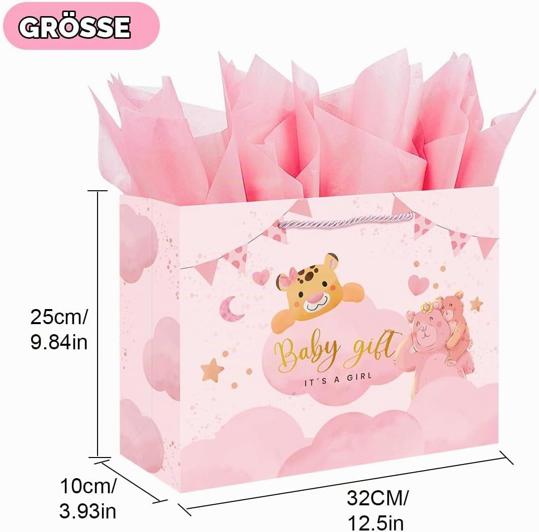 Ssyuysto Large Gift Bag Birth Girl 33 cm Wide Pink Baby Girl Gift Bag with Tissue Paper Greeting Card for Baby Shower Birthday Baby Shower Christening Gender Reveal Cute Animals – Bild 2