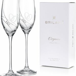 Gala Champagne Glasses with Swarovski Crystals – Engraved Hearts, Minimalist Design – Champagne Glasses Wedding Champagne Glasses Set, Aperitif Glasses for Special Occasions, Pack of 2