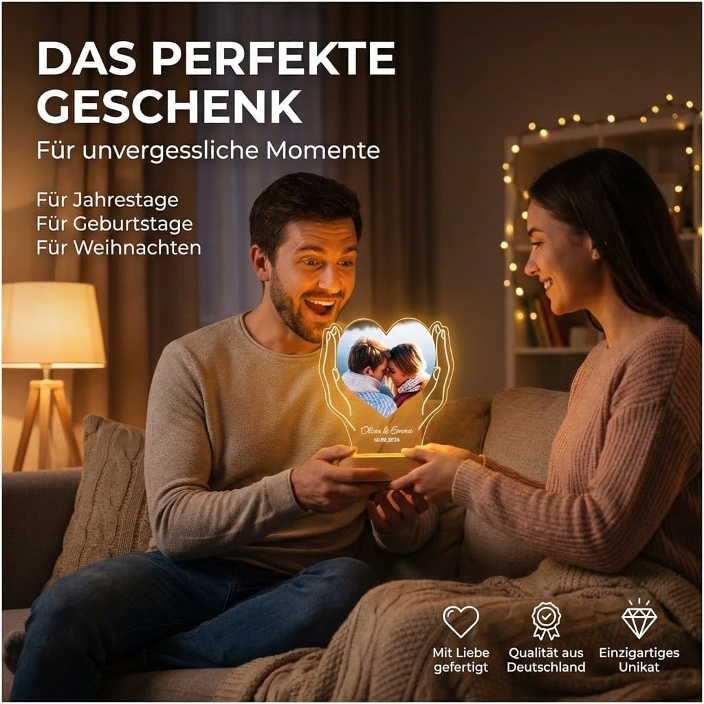 Geschenkfreude Personalised Picture with Photo and Text - Personalised Valentine's Day Gifts for Men and Women - Couple Gifts - Boyfriend and Girlfriend - Illuminated Picture Frame LED Acrylic – Bild 2