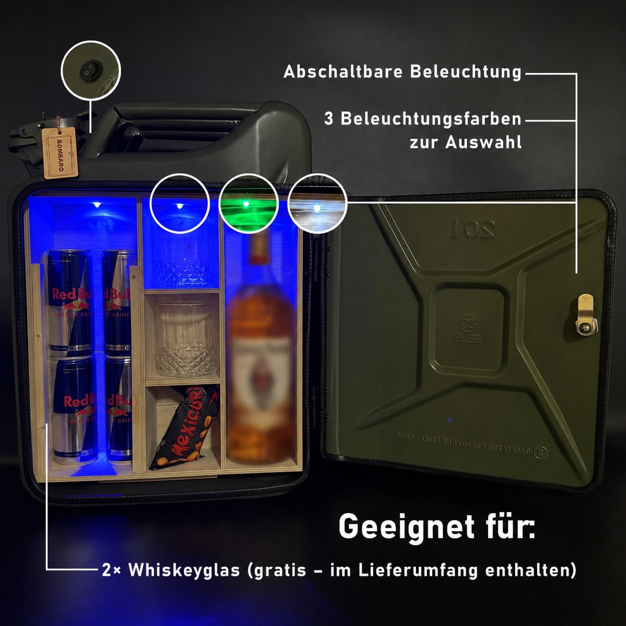 20L Canister Mini Bar Premium I Maximum Personalised with Engraving & LED Lighting I 2 Whisky Glasses I Jerrycan I Mobile Canister Bar Gift for Men I Lockable Mini Bar – Bild 6
