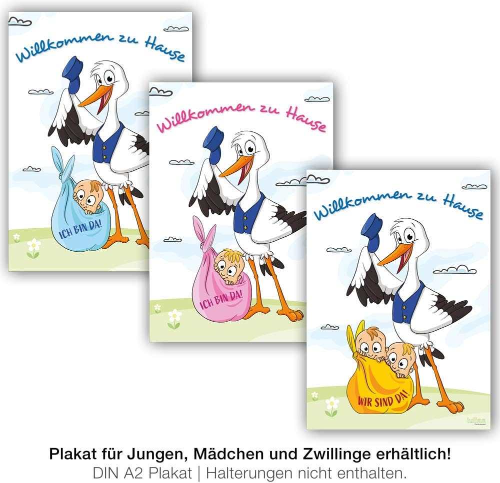 iulias Freude schenken! Poster for Birth Girl I Stork with Baby I Welcome Home I XL DIN A2 Poster I Baby Shower Decoration Pink Birth Gift Surprise – Bild 7