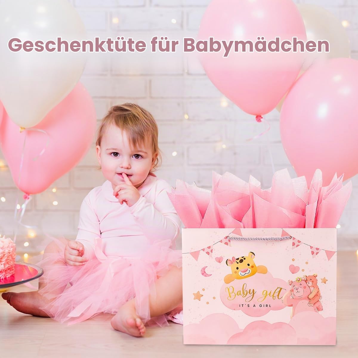 Ssyuysto Large Gift Bag Birth Girl 33 cm Wide Pink Baby Girl Gift Bag with Tissue Paper Greeting Card for Baby Shower Birthday Baby Shower Christening Gender Reveal Cute Animals – Bild 5
