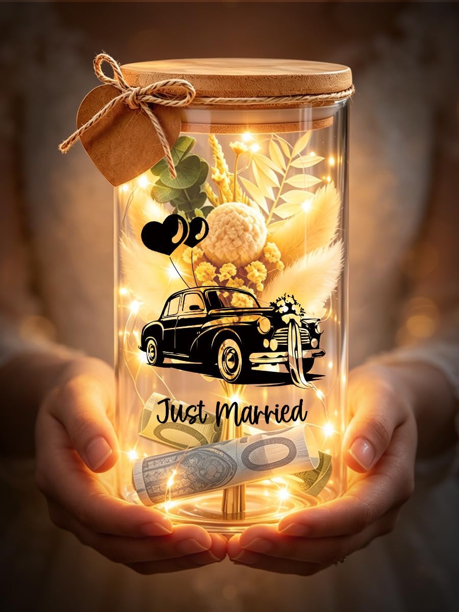 Money Gift Wedding Packaging, Wedding Car Glass Bottle with LED Fairy Lights & Dried Flowers, Wedding Gifts for Bride and Groom, Personalised Wedding Gift Packaging Wedding – Bild 4