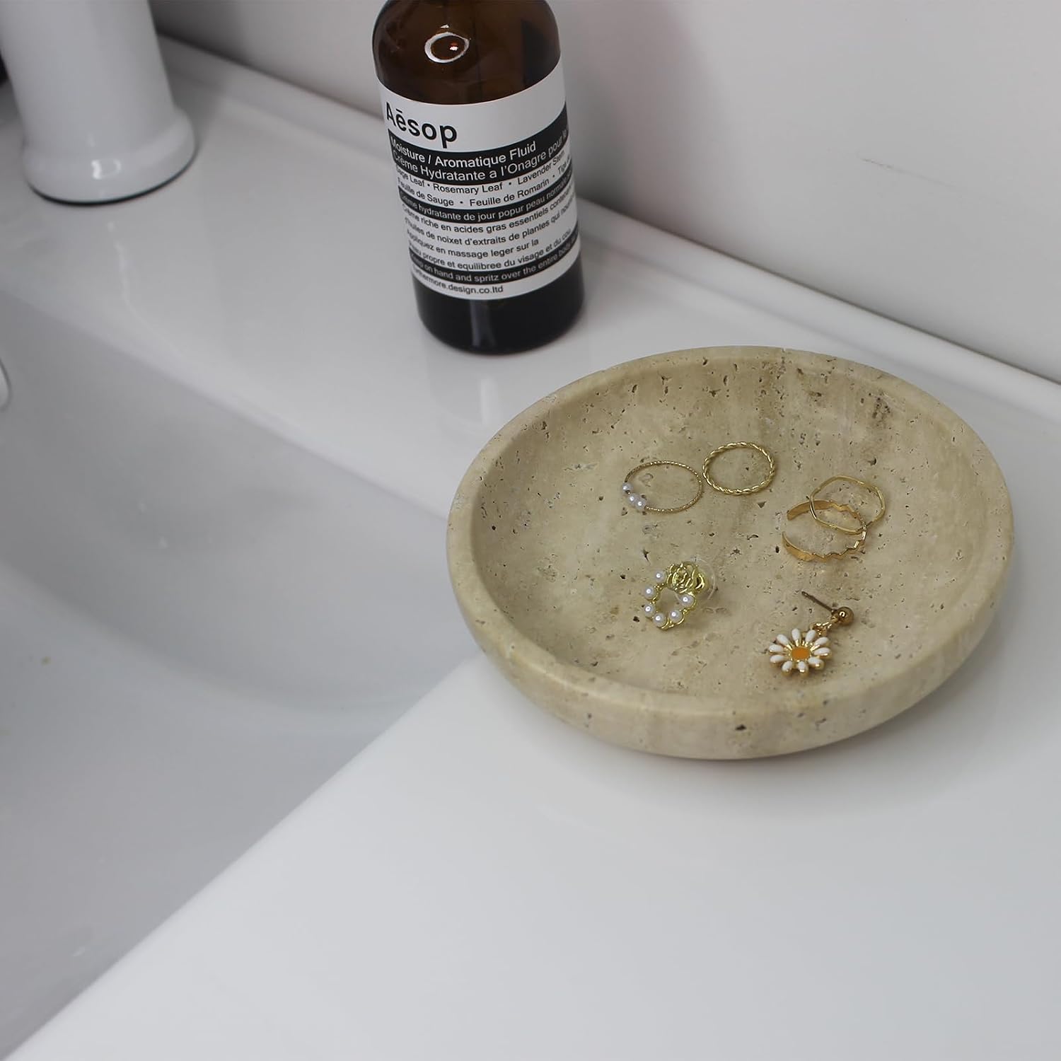 Natural Marble Travertine Jewellery Dish 14cm Jewellery Dish for Rings Earrings Gift for Wife Daughter (Beige Travertine) – Bild 4