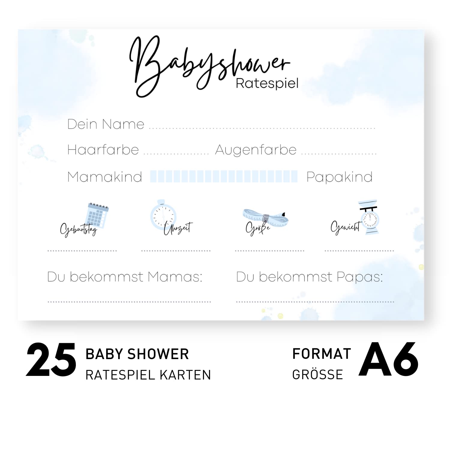 Baby Shower Games (25 Cards - Printed on Both Sides) - German - Baby Shower Games for Boys and Girls - Decorative Baby Shower Party Game - Light Blue – Bild 5