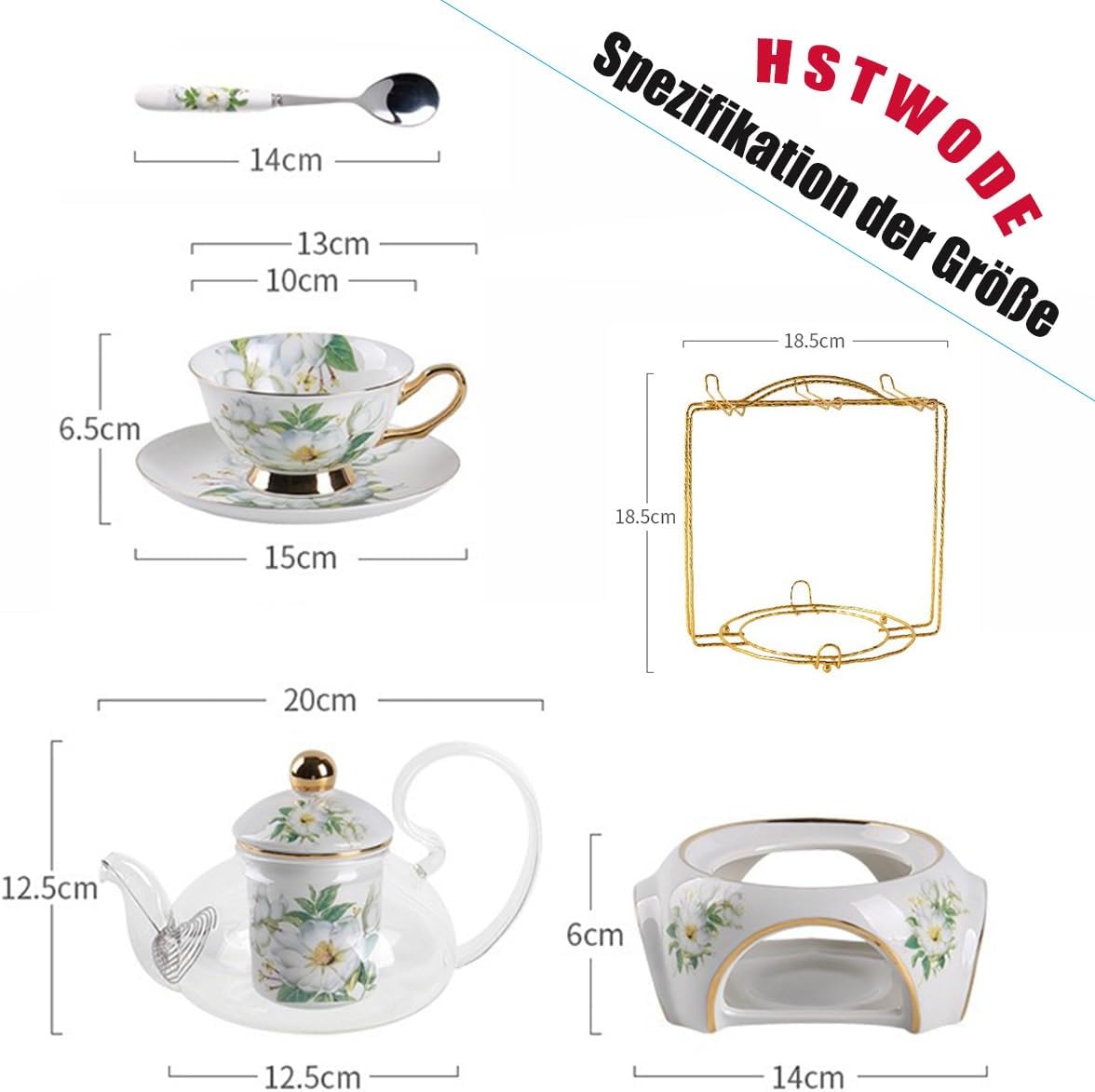 15 Piece European Flower Tea Set, Pattern Bone China Tea Set, Service Coffee Set, Heated Glass Teapot, for Gift and Household, Wedding (Camellia Blossom Pattern) – Bild 2