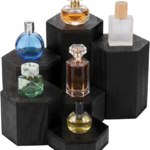 Pack of 6 Perfume Stands, Hexagonal Wooden Stands, Vintage Decorative Wooden Block, for Sculptures, Jewellery, Figures, Cupcakes and Desserts (Black, 6 Pieces)