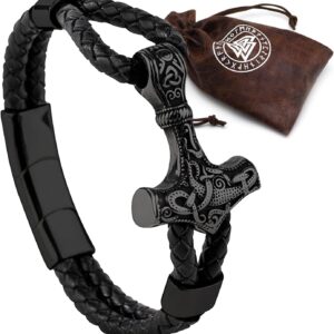 Viking Leather Bracelet – Thor Hammer, Retro Decoration for Men – Valentine’s Day, Christmas (Includes Gift Bag)