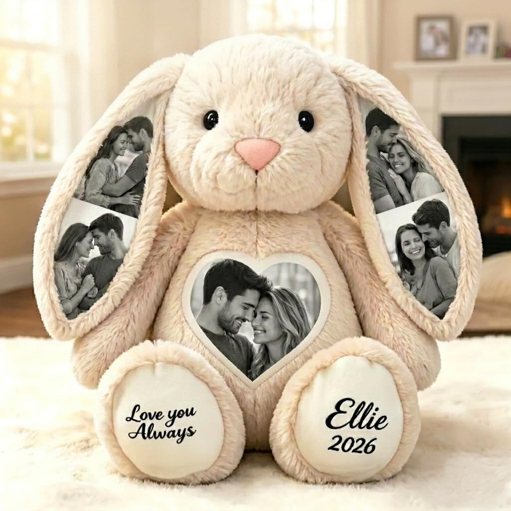 Personalised Fabric Rabbit with 5 Photos, Cuddly Toy Rabbit with Hidden Pictures in the Ears, Photo Cuddly Toy Made of Soft Plush, Warm Gift for Couples, Family, Friends, 26 cm / 40 cm
