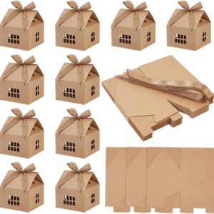 WADORN Pack of 30 House Shaped Gift Boxes with Ribbons, Classic Storage Container for Sweets, Made of Paper, Gift Box for Treats, Unusual Biscuit Packaging, Christmas Gifts, Brown