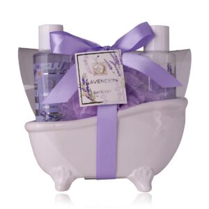Accentra Women’s Shower Set Lavender in Beautiful Ceramic Bathtub – 3-Piece Care Set with Shower Gel, Body Lotion & Mesh Sponge – Wellness Gift Set for Birthday, Valentine’s Day
