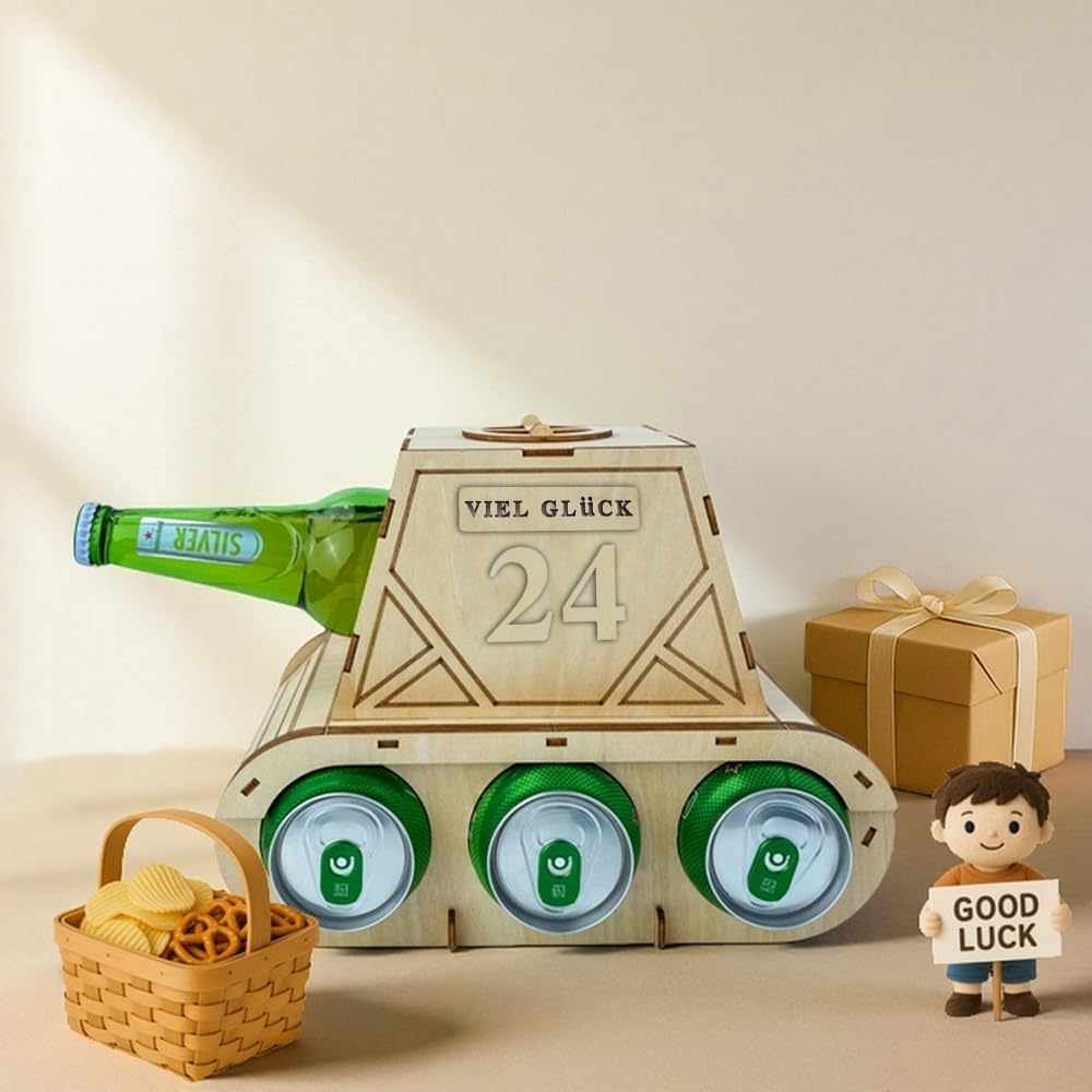 Funny Wooden Beer Carrier - Tank Design Bottle Carrier - Original Beer Gifts for Men - Perfect for Birthday Man - Creative Gift Idea for Beer Lovers (A) – Bild 5