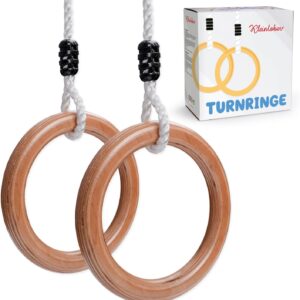 Kleintober Premium Wooden Gymnastics Rings for Children and Adults, Outdoor & Indoor, Adjustable Height, with Instructions for Fitness & Sports, with Certificate for Motivation, Ideal for Gifts