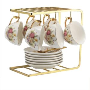 European Style Tea Cup Set Tea Cup Set with Saucer Metal Stand Teaspoon Luxury Tea Cup Set Coffee Tea Gift Sets for Coffee Drinks Tea Latte Coffee Cup Set