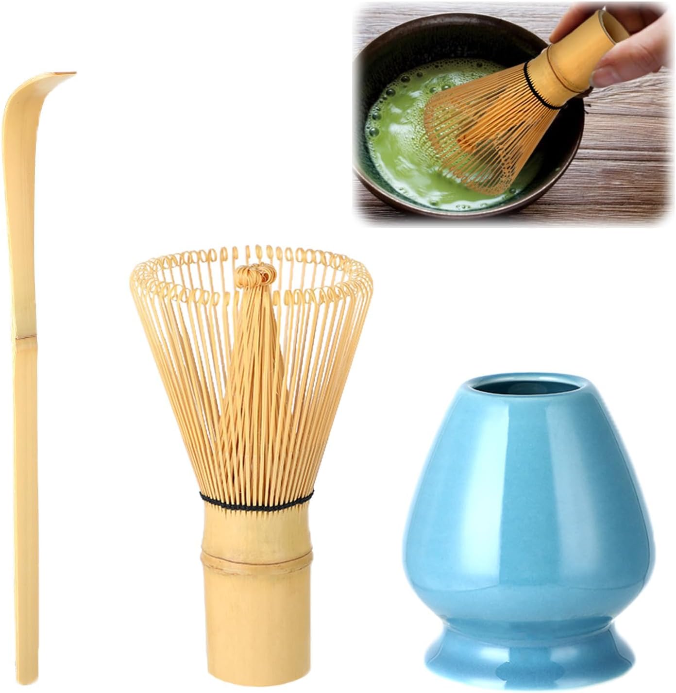 Wenrescry Matcha Set with Bamboo Whisk, 80 Teeth, Handmade, Traditional Japanese Tea Ceremony, Green Tea Powder, 3-Piece Gift Set, Easy to Clean