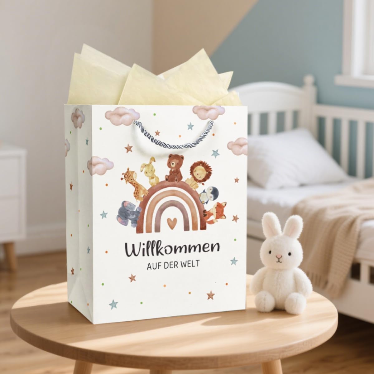Gift Bag Baby Birth, Gift Bag with Greeting Card, Gifts for Birth Boy & Girl, Gift Wrapping Paper Bags with Handle and Tissue Paper – Welcome to the World – Bild 5