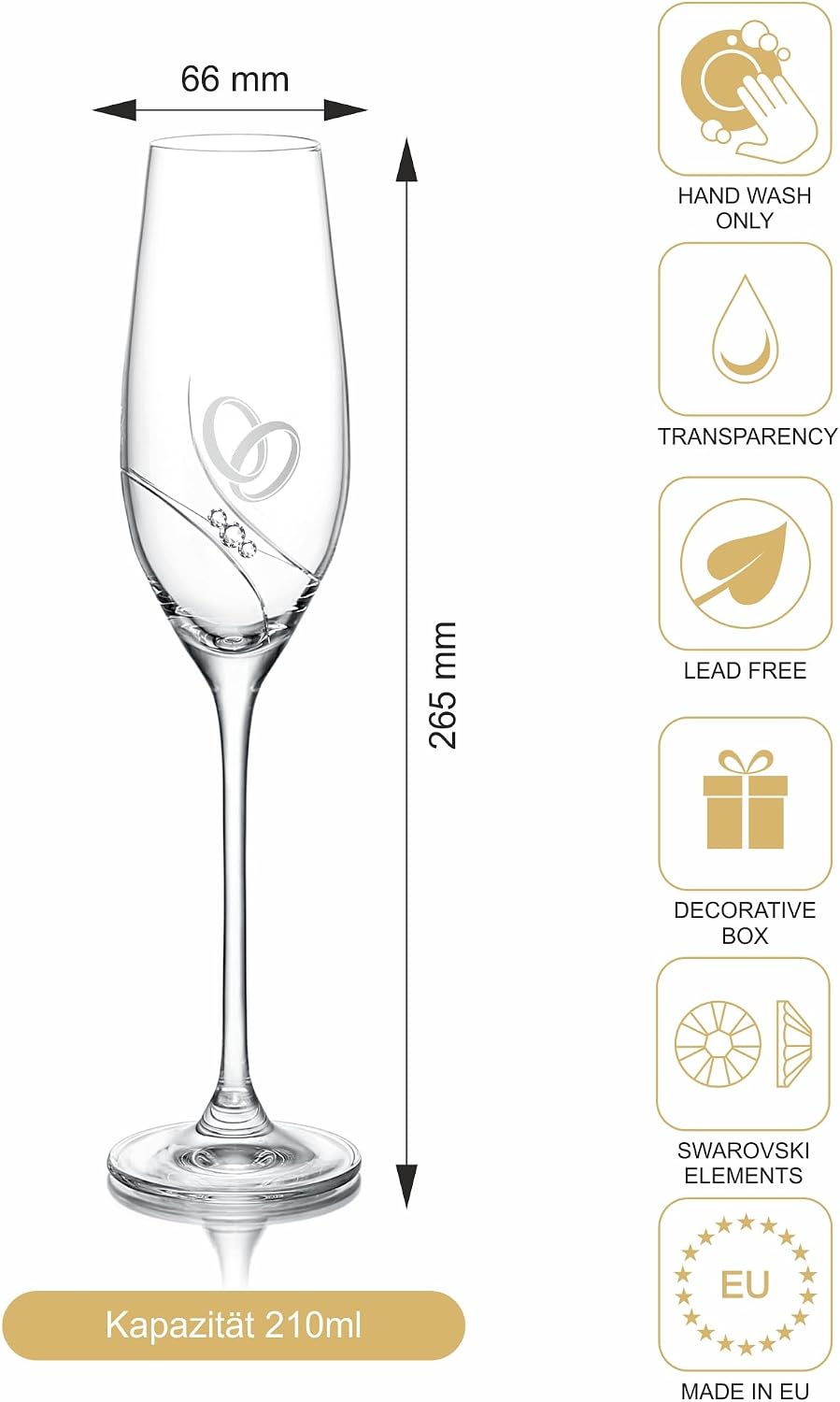 Gala Champagne Glasses with Swarovski Crystals - Engraved Hearts, Minimalist Design - Champagne Glasses Wedding Champagne Glasses Set, Aperitif Glasses for Special Occasions, Pack of 2 – Bild 3