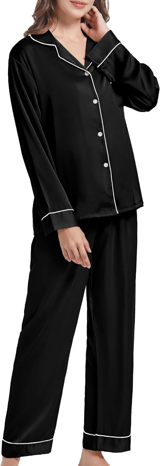 Women's Long Sleeve Pyjamas Satin Pyjama Set Sleepwear with Button Placket Women's Winter Leisure Suit with Turn-Down Collar – Bild 3