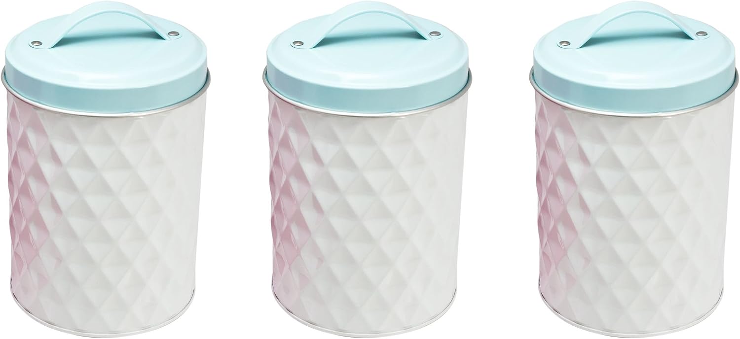 Diamond Embossed Metal Kitchen Tea Coffee Sugar Biscuits Cookie Storage Tin Gift Set of 3 Small White
