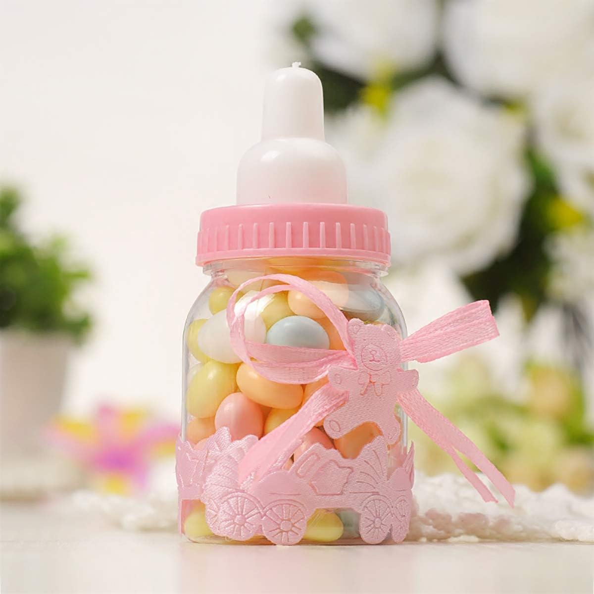 MaoXinTek Sweet Bottle Lovely Baby Candy Bottle Gift Box Baby Candy BoxFavors Decoration for Baby Shower Party Christening Pack of 12 Pink, pink – Bild 4