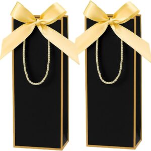 Ssyuysto Set of 2 Gift Bags Bottles Black with Gold Edge Golden Silk Bow Bottles Bags for Wine Champagne Reusable Wedding Gift