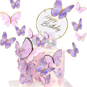 Happy Birthday Cake Decoration Purple Butterfly Decoration Cake Toppers Pack of 21, 3D Butterfly Cake Decoration for Birthday Girls Wedding Cake Baby Shower