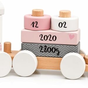 Personalised Wooden Train Pink - Personalised Gifts Baby | Plug Toy | Gift for Birth Girl | Wooden Train with Name & Birth Data - Label Label