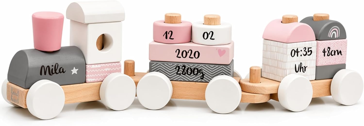 Personalised Wooden Train Pink - Personalised Gifts Baby | Plug Toy | Gift for Birth Girl | Wooden Train with Name & Birth Data - Label Label