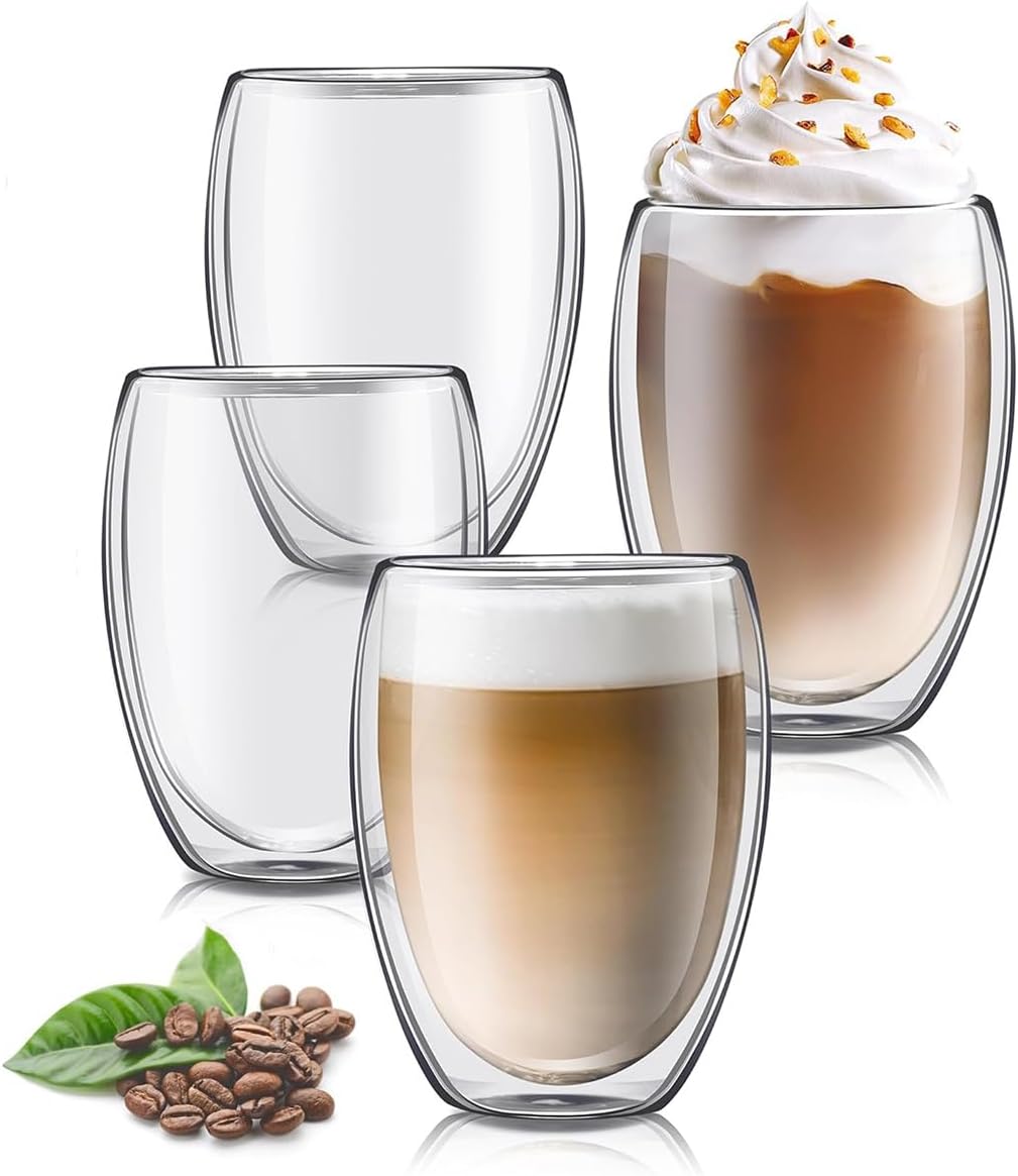 Double-walled coffee glasses, cappuccino cups, set of 4, 350 ml, transparent latte macchiato glasses, cappuccino glasses, suitable for tea, coffee, milk, juice and other drinks