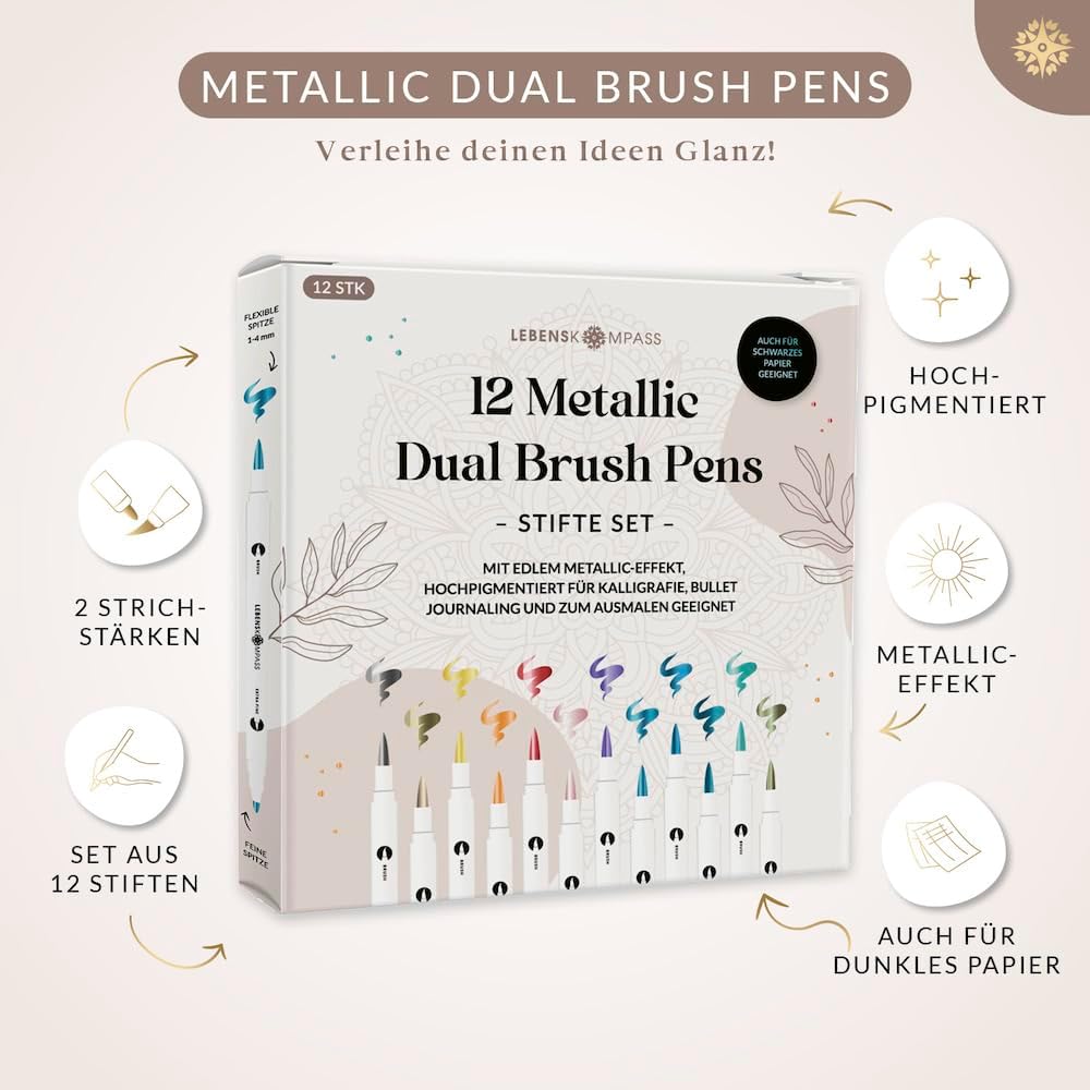 LEBENSKOMPASS® Metallic Dual Brush Pen Set with 12 Water-Based Colourful Colours for Shimmering Metallic Effects Brush Pens for Colouring Books, Hand Lettering, Calligraphy & Bullet Journal – Bild 2