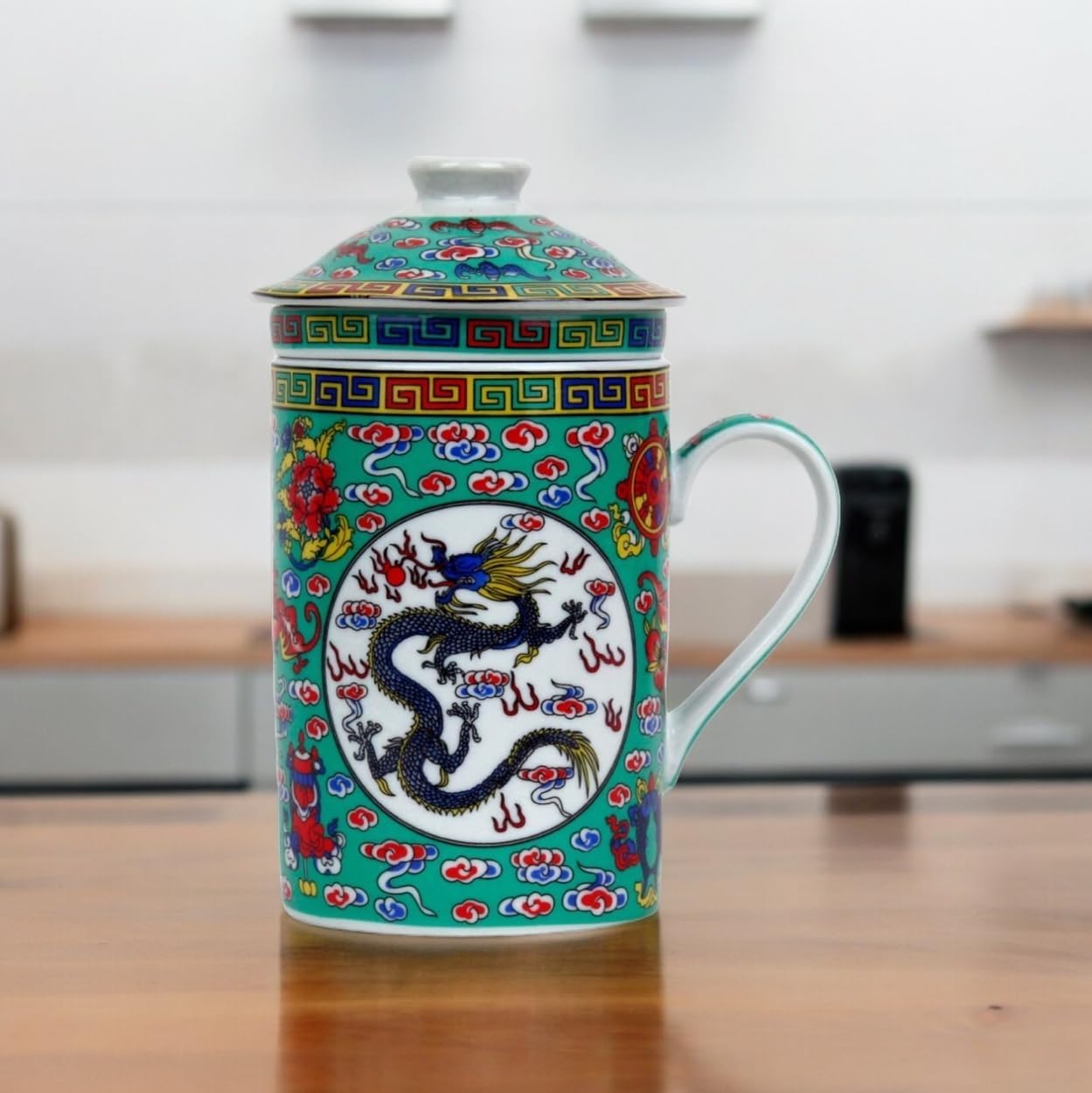 Ceramic Tea Cup with Lid + Strainer for Loose Tea with Asian Motif (Green Dragon, 494) Japanese Chinese Cup for Tea Lovers, Porcellan Coffee Gift Set Asia Asia Mug Cup – Bild 4