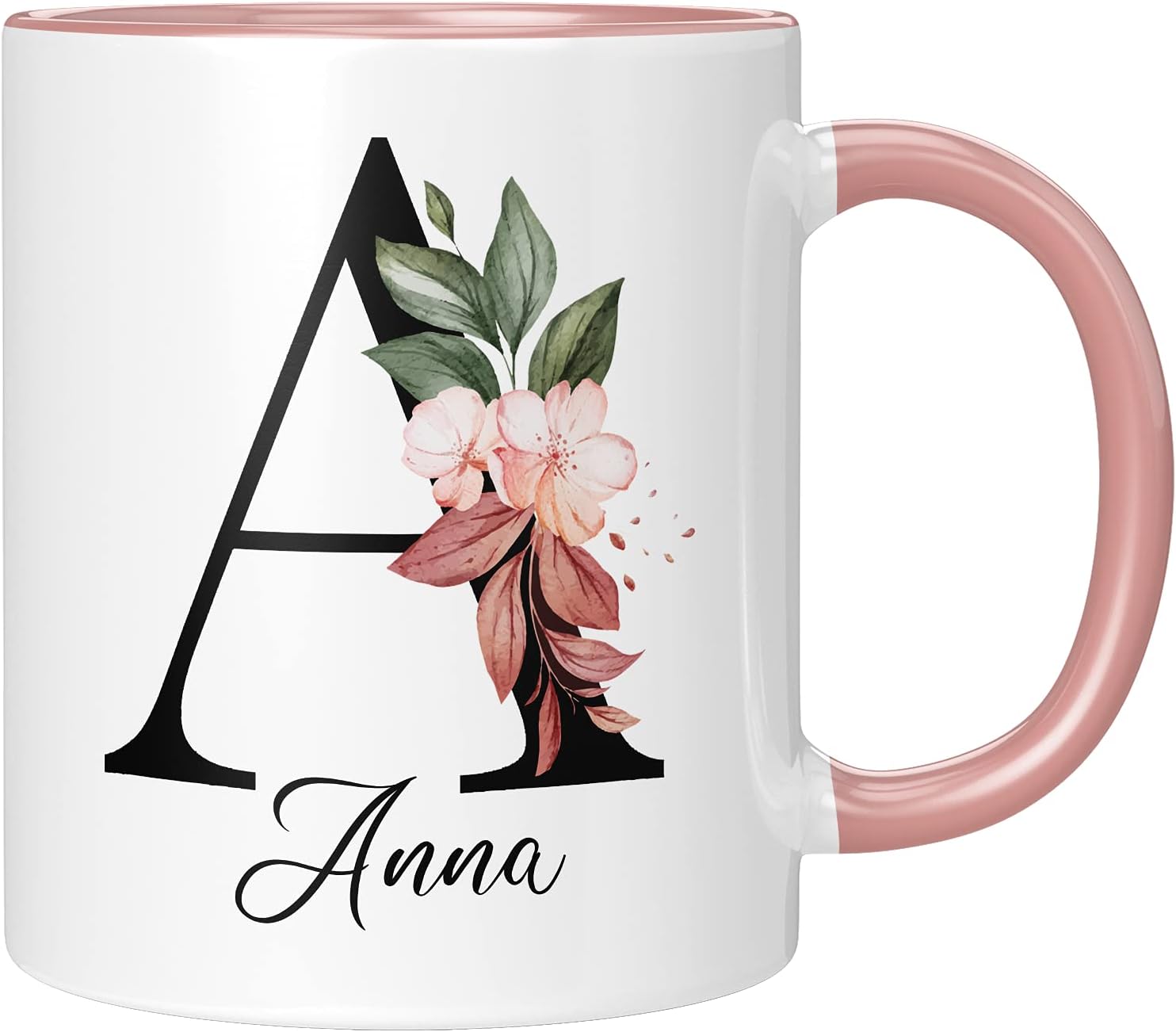 TassenTicker - Personalised Mug - Name Mug with Floral Motif - With Your Initial Letter and Name - Personalised - Birthday - Coffee Mug - Printed on Both Sides - Gift for Women, Pink – Bild 2