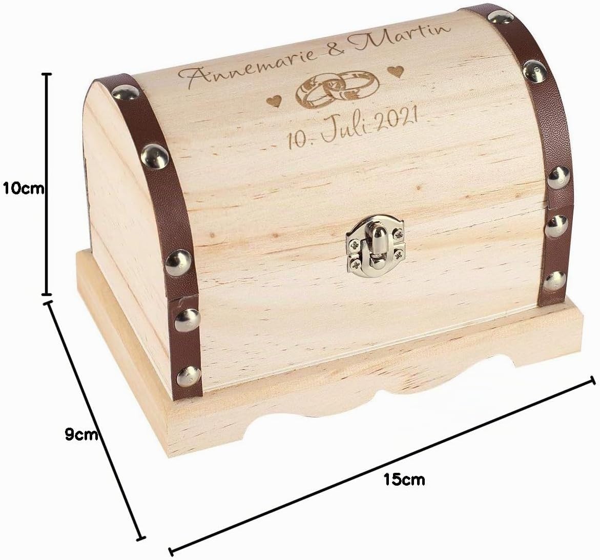 Herz & Heim® Personalised wedding gift, treasure chest with engraving in various sizes, wedding rings, approx. 15 cm x 10.5 cm x 9.5 cm (W x H x D) – Bild 7