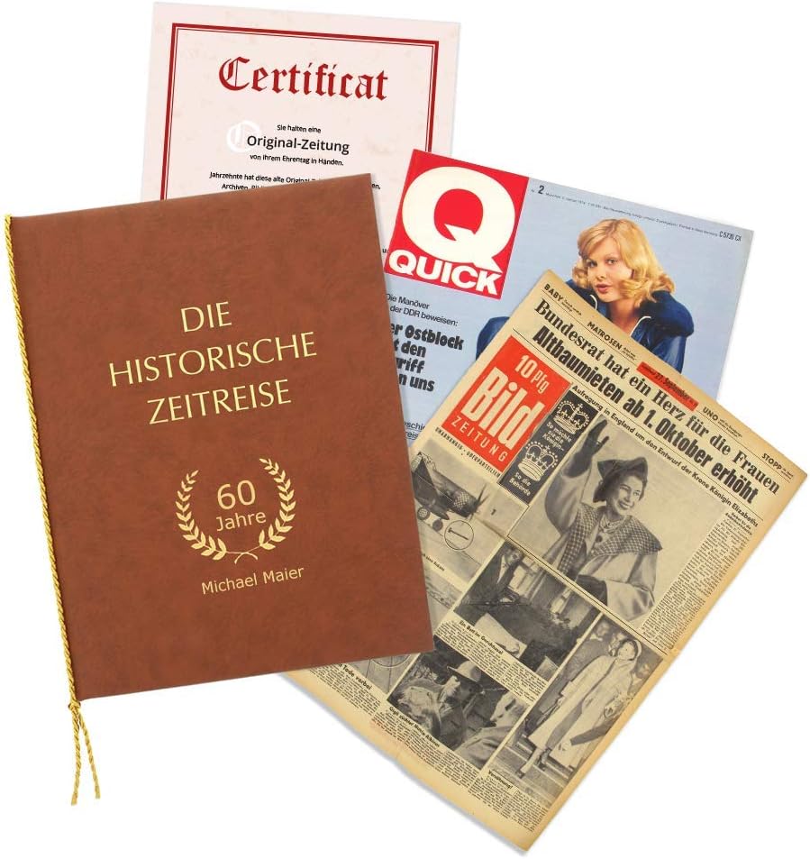 Newspaper from the desired date as a gift idea for an anniversary, historical newspaper including folder and certificate with personalisation