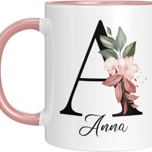 TassenTicker - Personalised Mug - Name Mug with Floral Motif - With Your Initial Letter and Name - Personalised - Birthday - Coffee Mug - Printed on Both Sides - Gift for Women, Pink