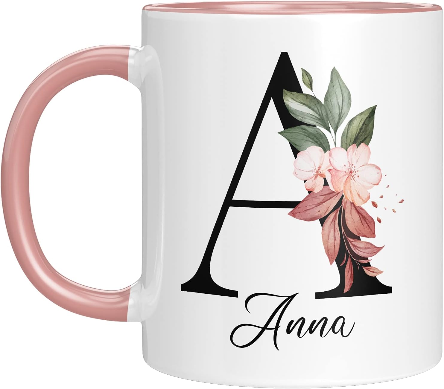 TassenTicker - Personalised Mug - Name Mug with Floral Motif - With Your Initial Letter and Name - Personalised - Birthday - Coffee Mug - Printed on Both Sides - Gift for Women, Pink