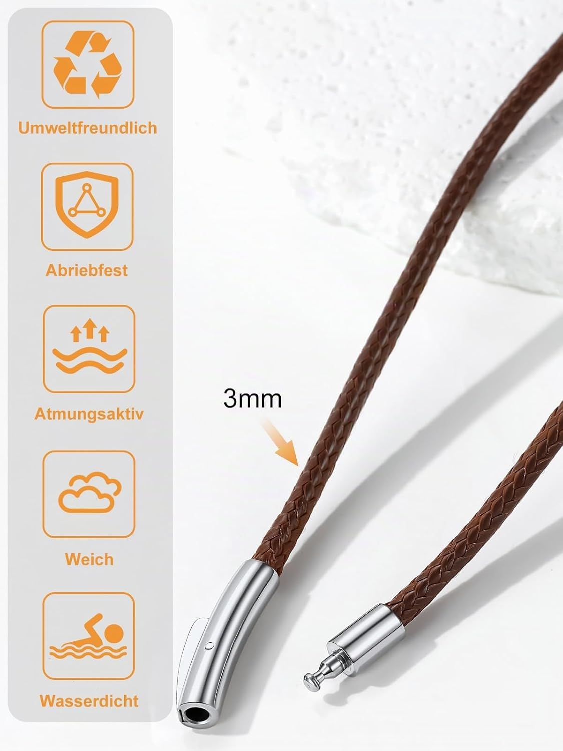 Richsteel Stainless Steel 2 mm / 3 mm Wide Versatile Unisex Leather Necklace with High Quality Name/Numbers/Engraving Black/Brown Genuine Leather with Screw Clasp – Bild 4