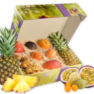 Hansen Obst Gift Box "Südseereiseise" with Gift Box "The Flower Meadow" - Gift with Fresh Fruit - Fruit Box with Exotic Fruits - Birthday Gift - Exotic Fruits