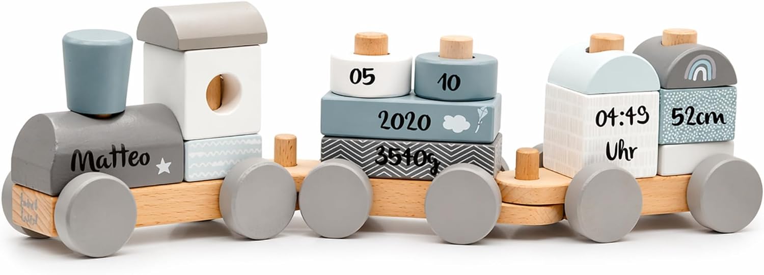 Personalised Wooden Train Blue - Personalised Gifts Baby I Plug Toy I Gift for Birth Boy I Wooden Train with Name & Birth Data - Label Label
