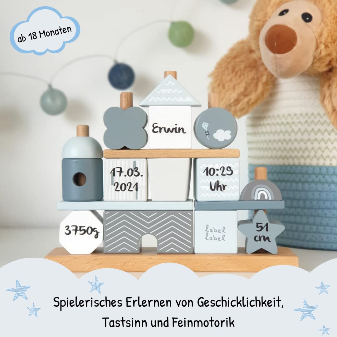 KIDSLINO Plug-in Game House Blue I Gift for Birth Personalised I Wooden Toy I Personalised Gifts Baby I Label I Plug-in Toy with Name & Birth Data – Bild 3