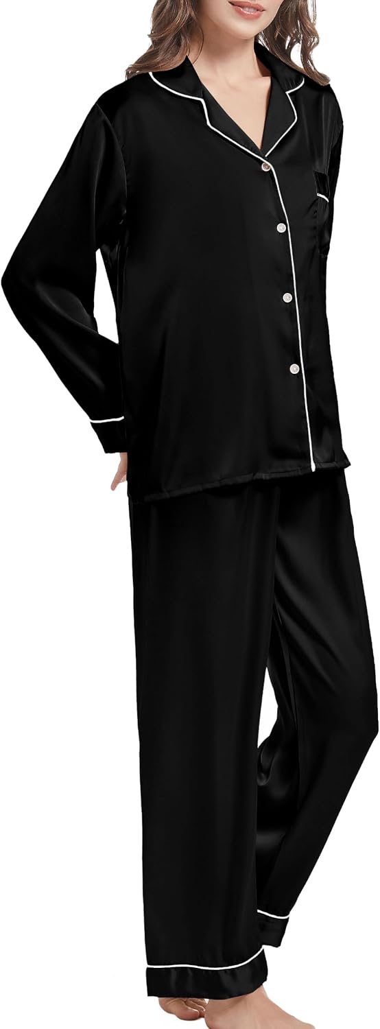 Women's Long Sleeve Pyjamas Satin Pyjama Set Sleepwear with Button Placket Women's Winter Leisure Suit with Turn-Down Collar – Bild 5