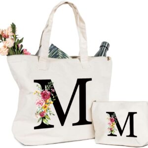 Tote Bag and Cosmetic Bag with Initial, Canvas Shopping Bag with Zip, Personalised Initials Cotton Bag, Gift for Girlfriend, Wife, Mum, Sister, Birthday, Wedding, Mother's Day, M