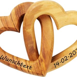 Kassis Gift Item Personalised Olive Wood Hearts for Newlyweds, Valentine's Day, Anniversary, Wedding Anniversary, Birthday - Connected Wooden Hearts - Wedding Gift - (7.50 cm)