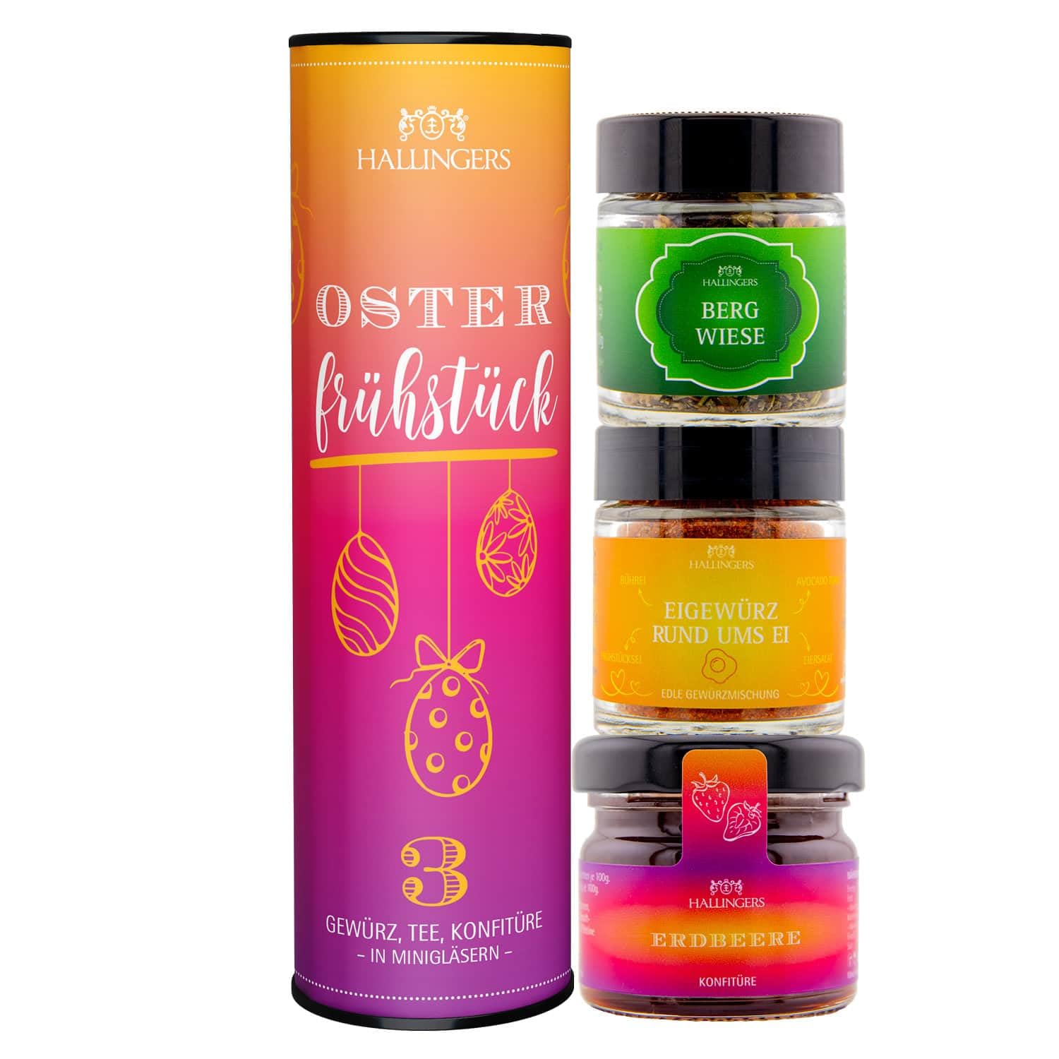 Hallingers Genuss Manufaktur Feinkost Easter Gift Set - 3 Mini Glasses in Elegant Gift Tin "Easter Breakfast" Vegan Gift Tea, Jam & Spice, Easter Baskets for Women Men
