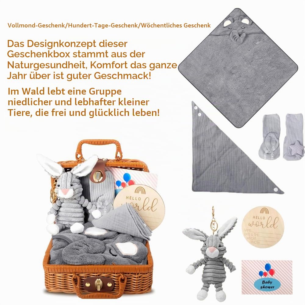 Baby Gifts for Birth, Newborn Gift Basket Boy, 7 in 1 Baby Gift Set Birth with Baby Blankets, Socks, Gift Boxes Baskets, Baby Triangular Scarf, Plush Toys, Greeting Cards, Birth Cards – Bild 6