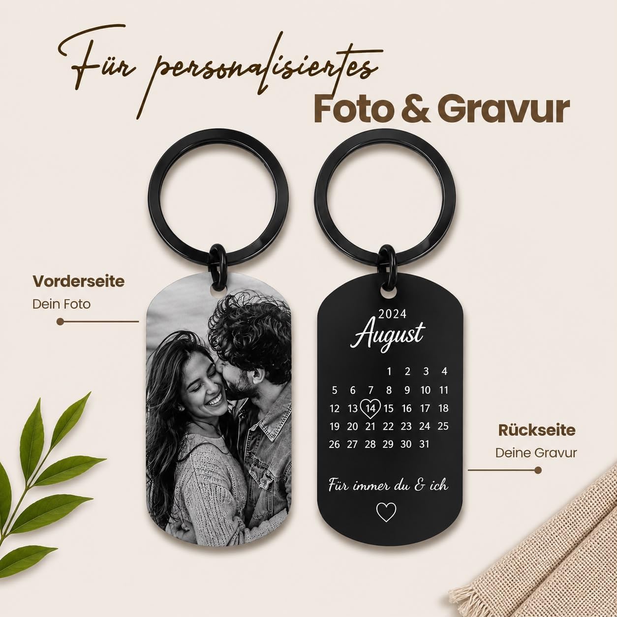 One Ace Personalised Stainless Steel Keyring with Black/White Picture and Date - Valentine's Day & Anniversary Gift for Him & Her - Partner Gifts - Personalised Gifts – Bild 5