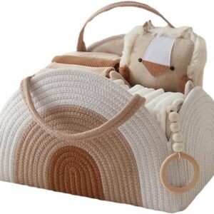 Changing Bag Organiser, Baby Nappy Caddy Basket, Portable Storage Basket for Changing Table, Changing Basket Organiser with Compartments & Handles, Cotton Rope Basket for Baby Shower Gifts (White Brown)