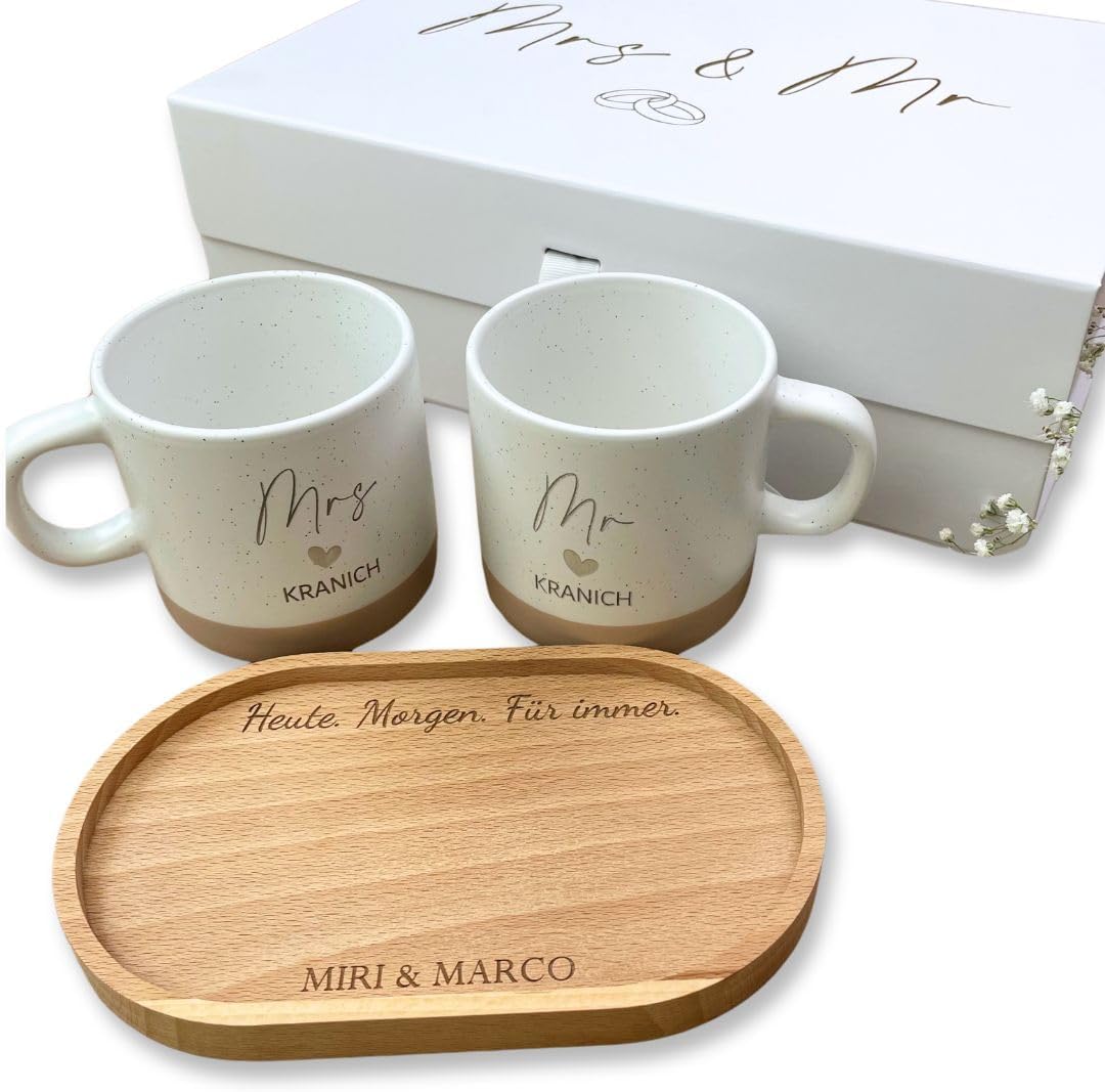 Personalised Wedding Gift Set | Mr & Mrs Cups with Name | Engraved Tray | Gift Box Wedding | Wedding Cups Personalised (Full Set)