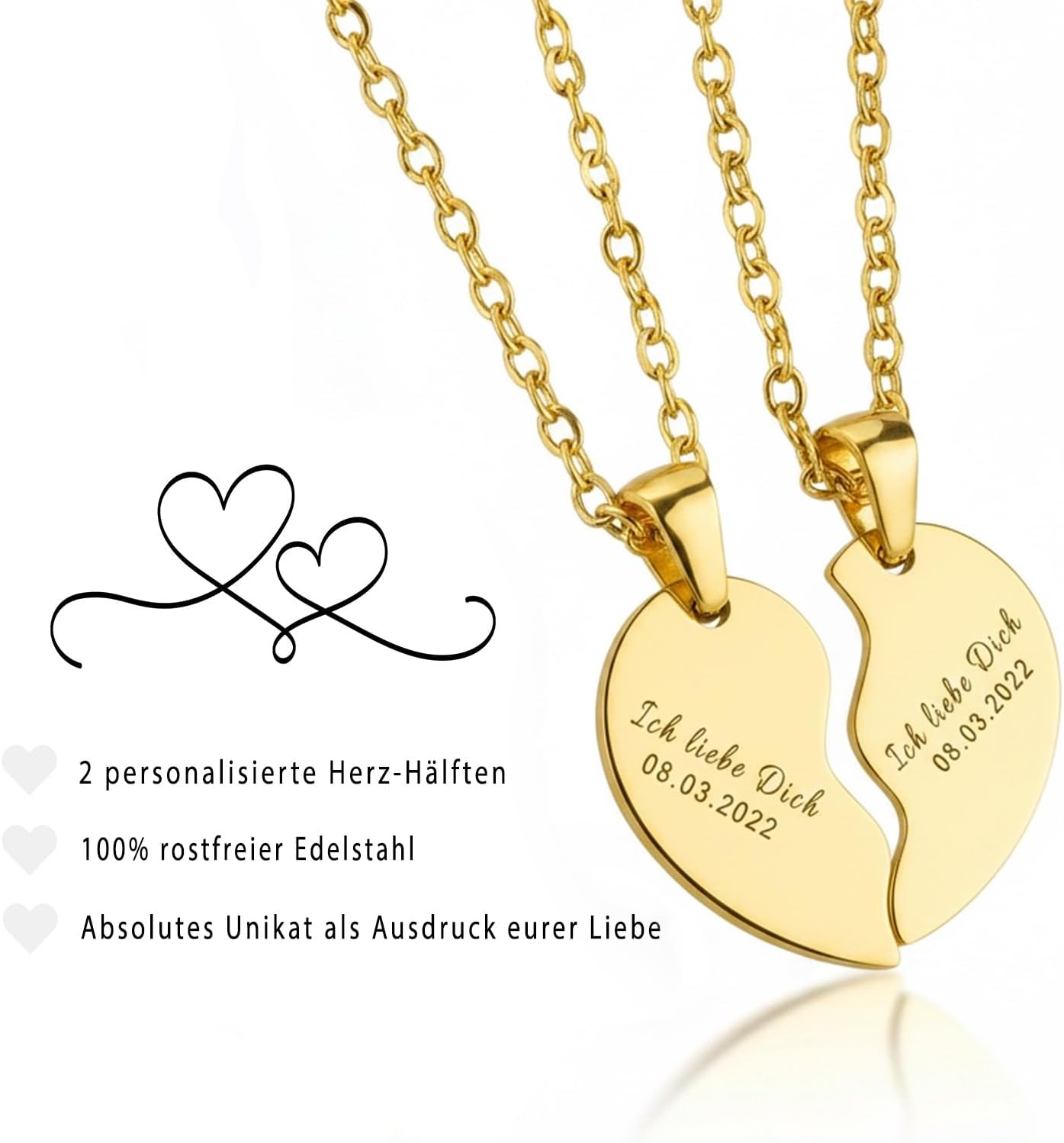 Heart Necklace for Couples with Engraving, Personalised with Name, Date, Saying | Women, Men, Girlfriend, Lovers, Adjustable Chain 45 cm, Waterproof with Back – Bild 3